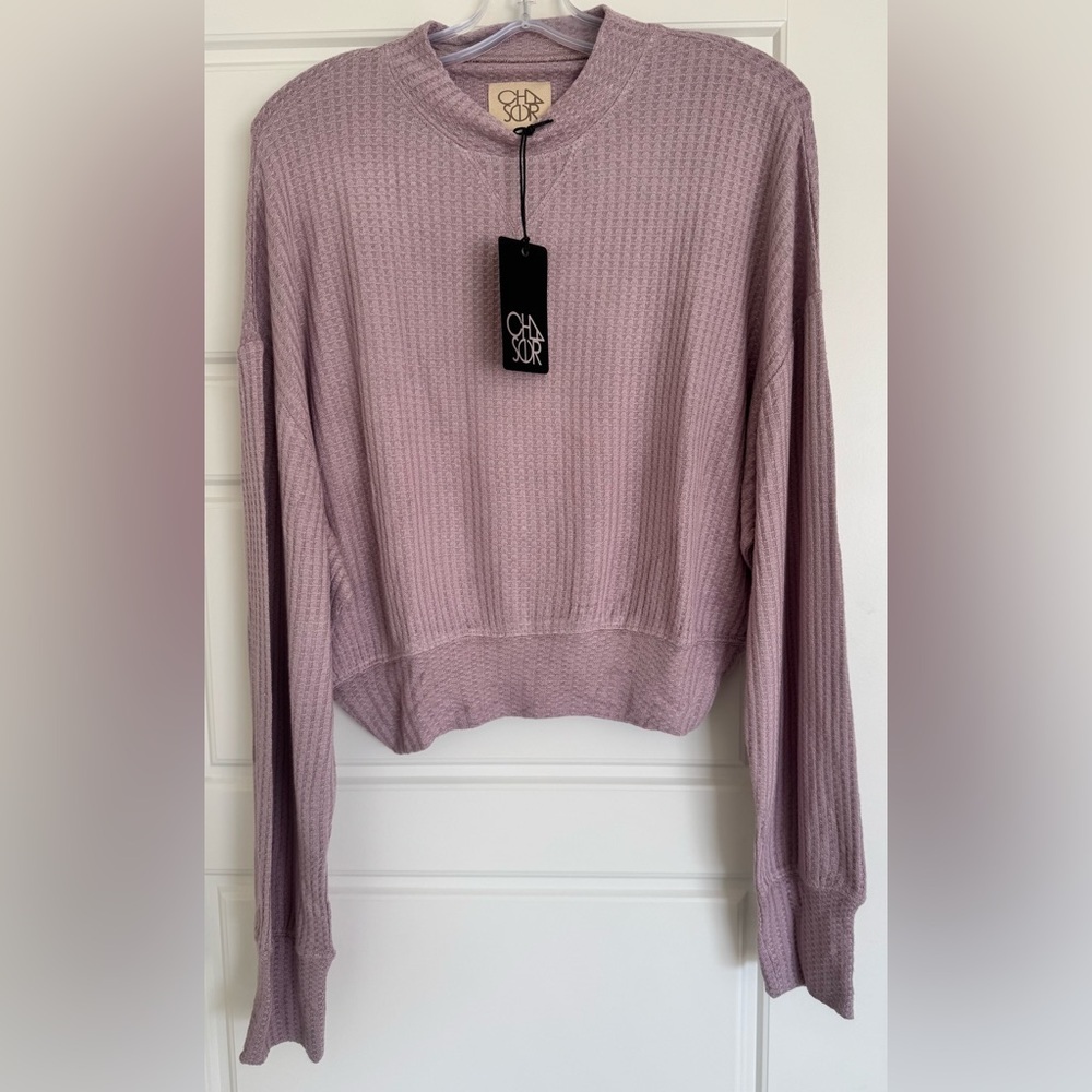 CHASER Waffle‎ Knit Soft Cropped Bat Wing Long Sleeve Top Lavender Size S NWT